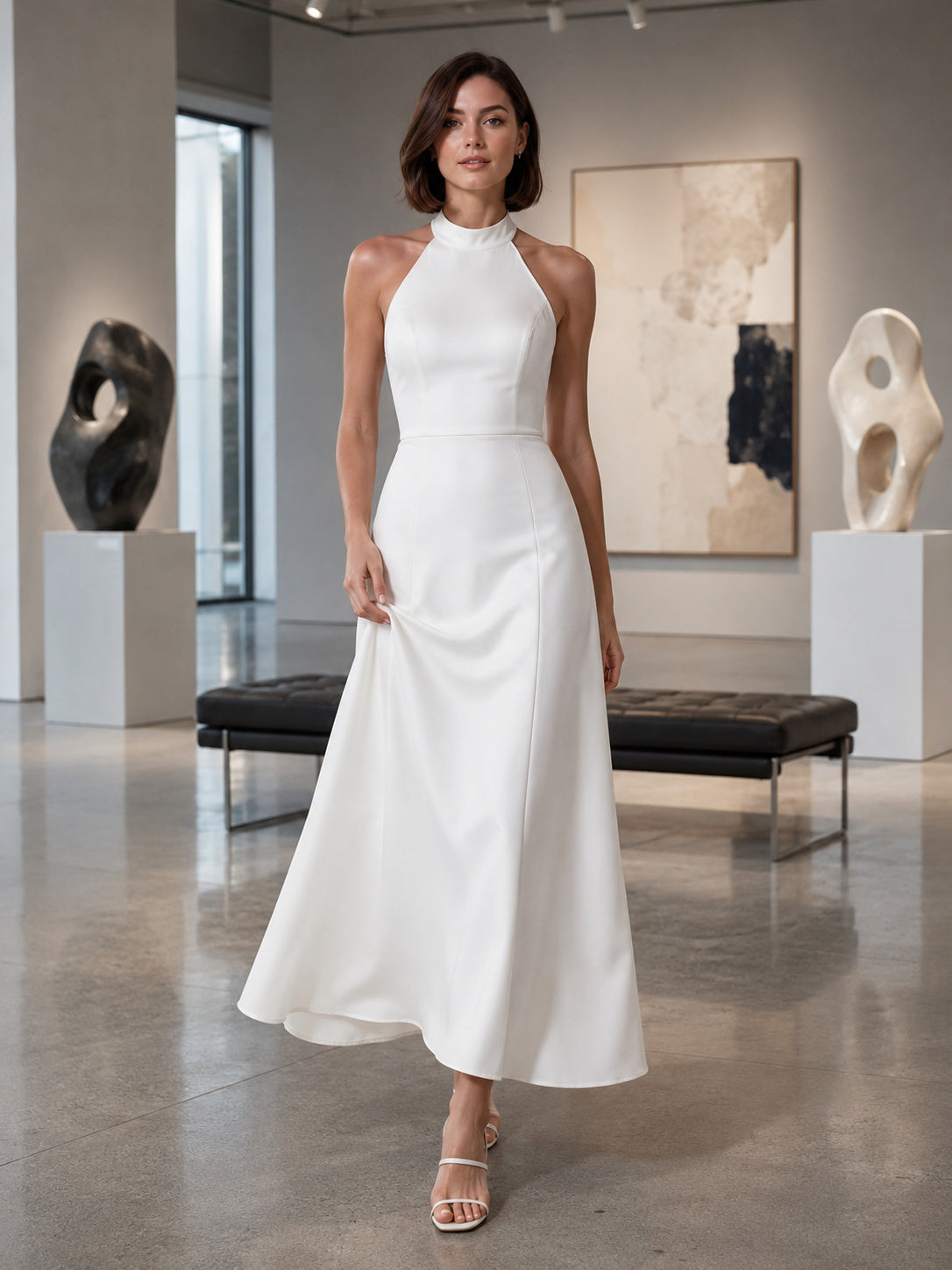 White Halter Neck Minimalist A Line Gallery Midi Dress front view