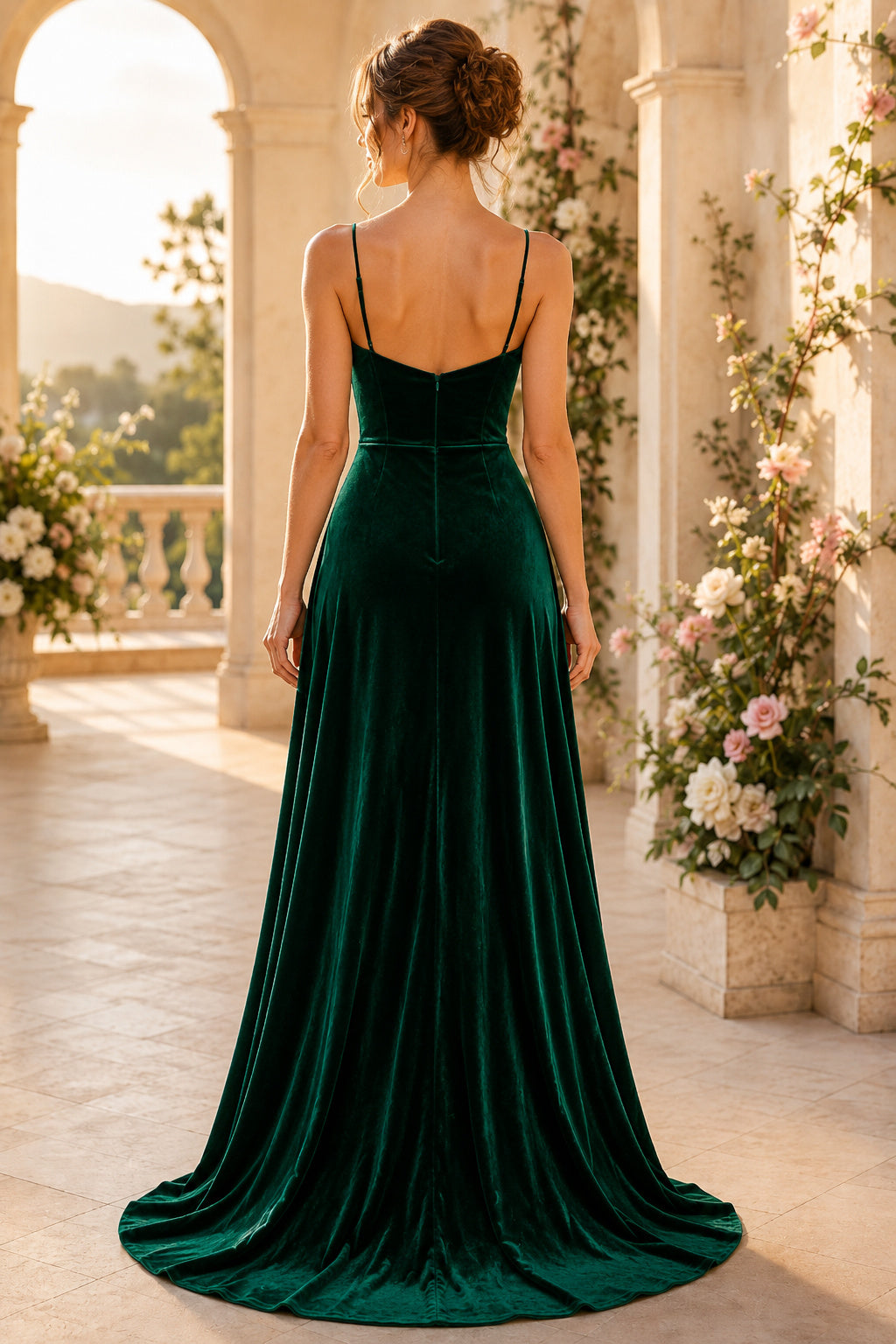 Dark Green Spaghetti Strap Velvet A-Line Bridesmaid Dress with Cowl Neck and Floor Skirt back view