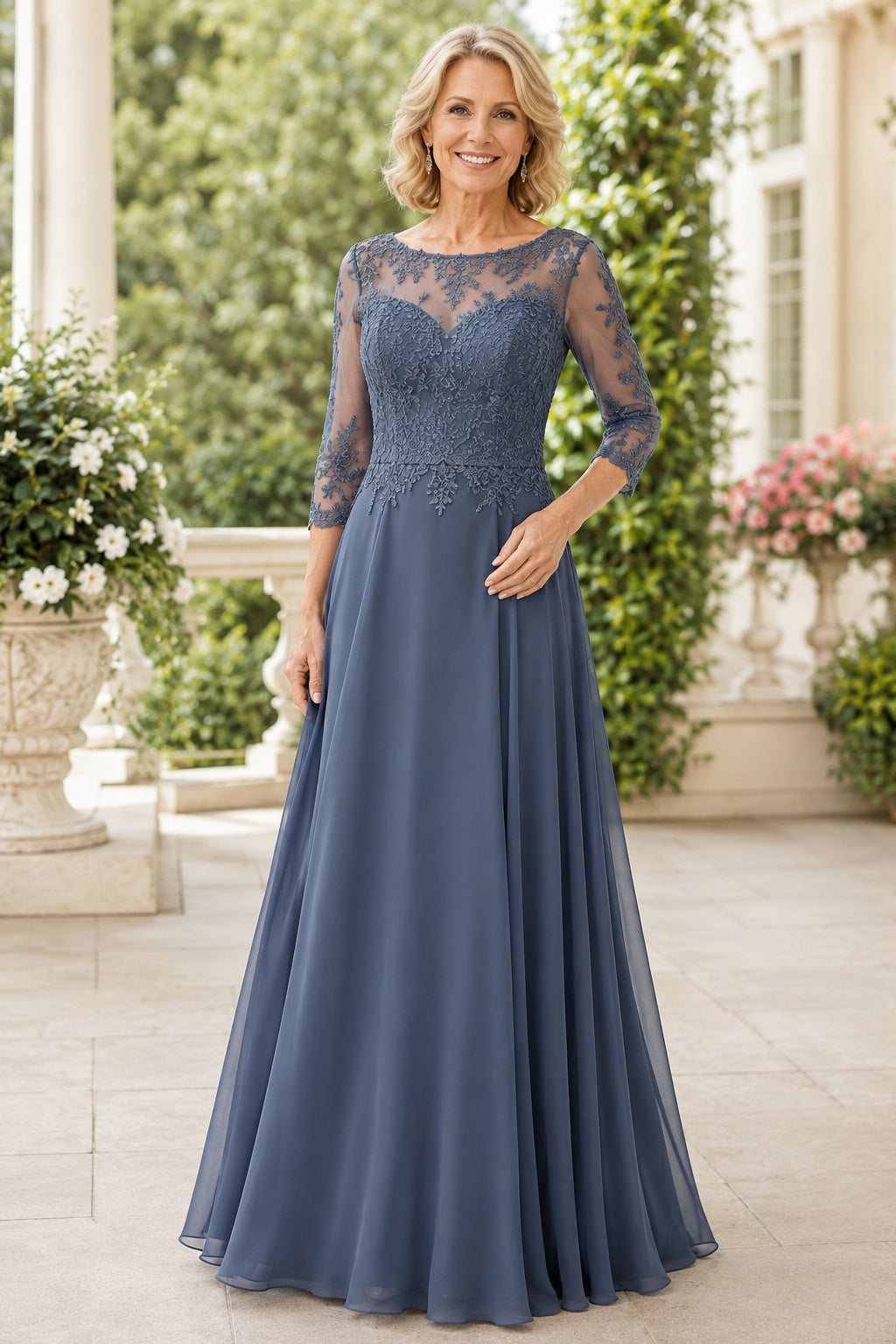 Steel Blue Bateau A-Line Mother Dress with Illusion Lace Bodice and Chiffon Skirt front view