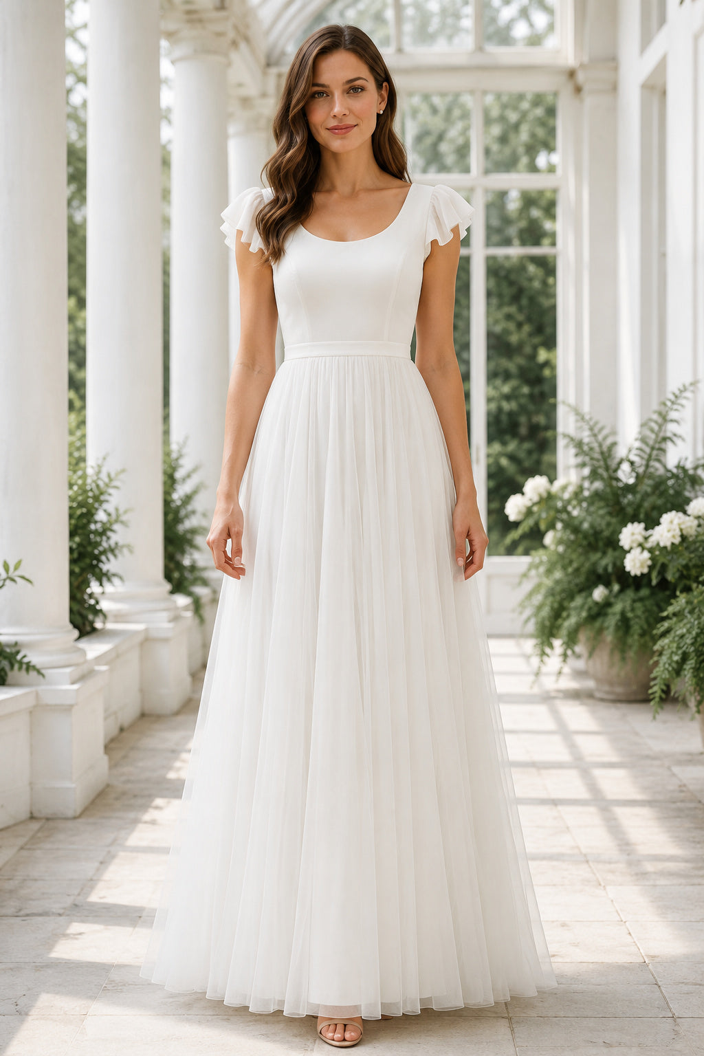 White Flutter Cap Sleeve Scoop Neck Dress with Tulle Skirt Floor Length A-Line Wedding Dress front view