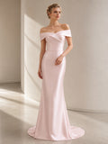 Blush Off Shoulder Minimalist Satin Mermaid Sweep Train Wedding Dress front view