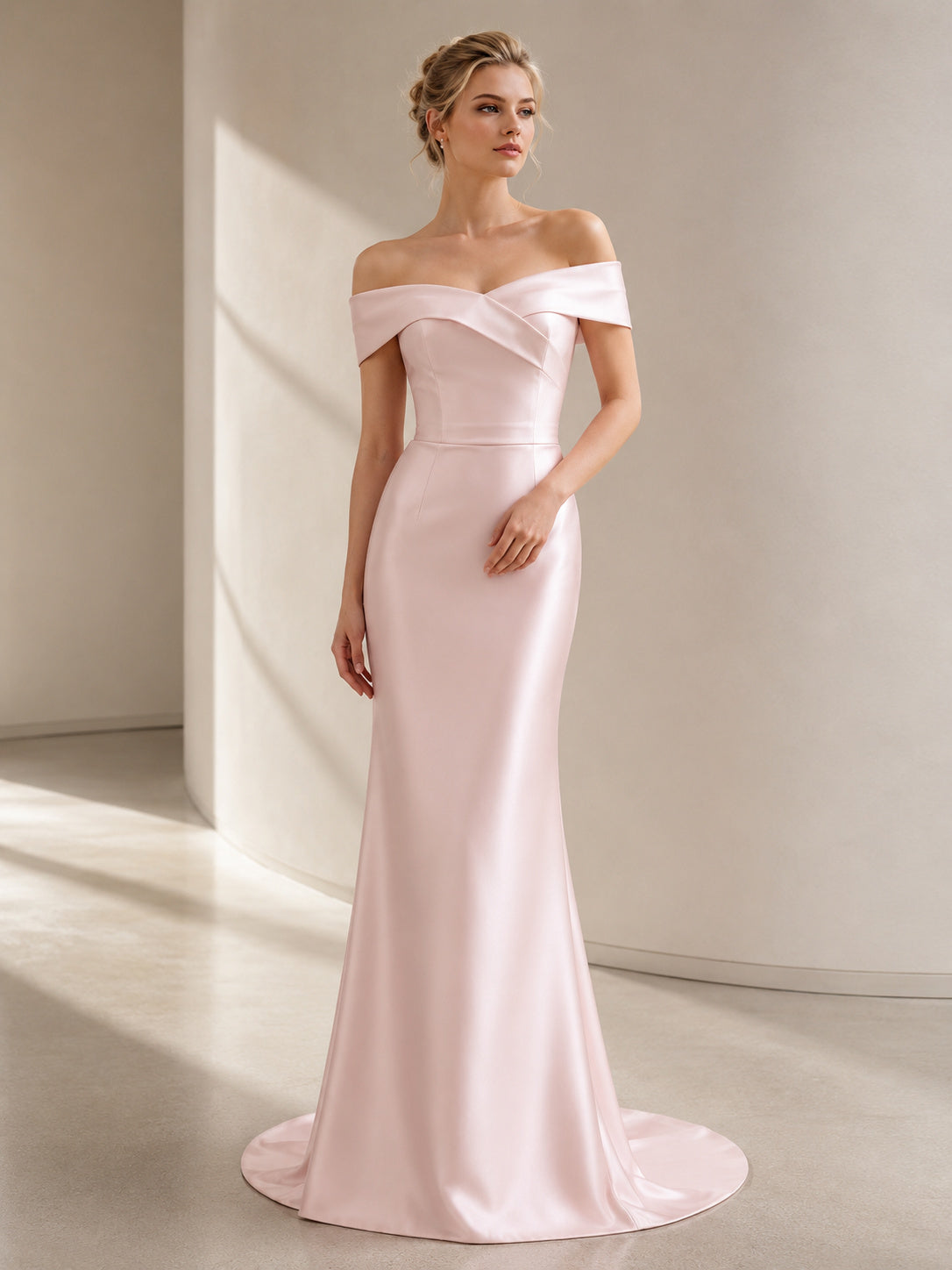 Blush Off Shoulder Minimalist Satin Mermaid Sweep Train Wedding Dress front view