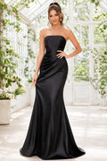 Evening Gown Black Satin Mermaid Strapless Draped Floor Length front view