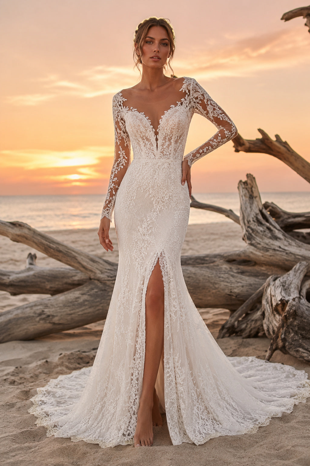 Ivory Long Sleeve Lace Mermaid Wedding Dress Split Chapel Train for Wedding Ceremony and Reception front view