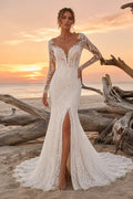 Ivory Long Sleeve Lace Mermaid Wedding Dress Split Chapel Train for Wedding Ceremony and Reception front view