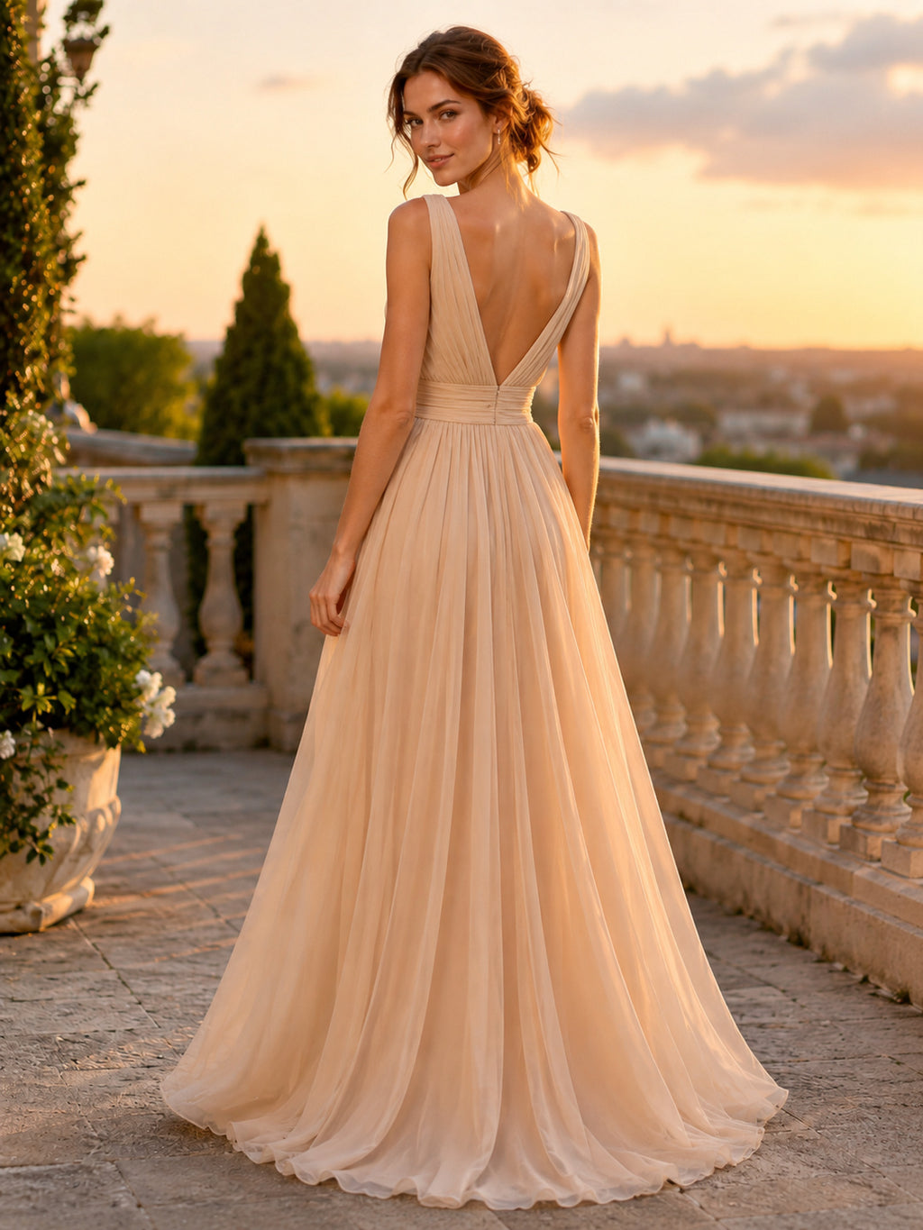 Champagne Sleeveless V Neck Tulle A Line Evening Dress back view