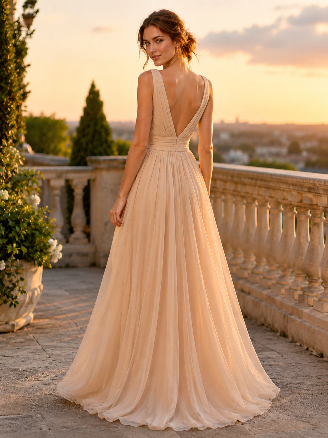 Champagne Sleeveless V Neck Tulle A Line Evening Dress back view