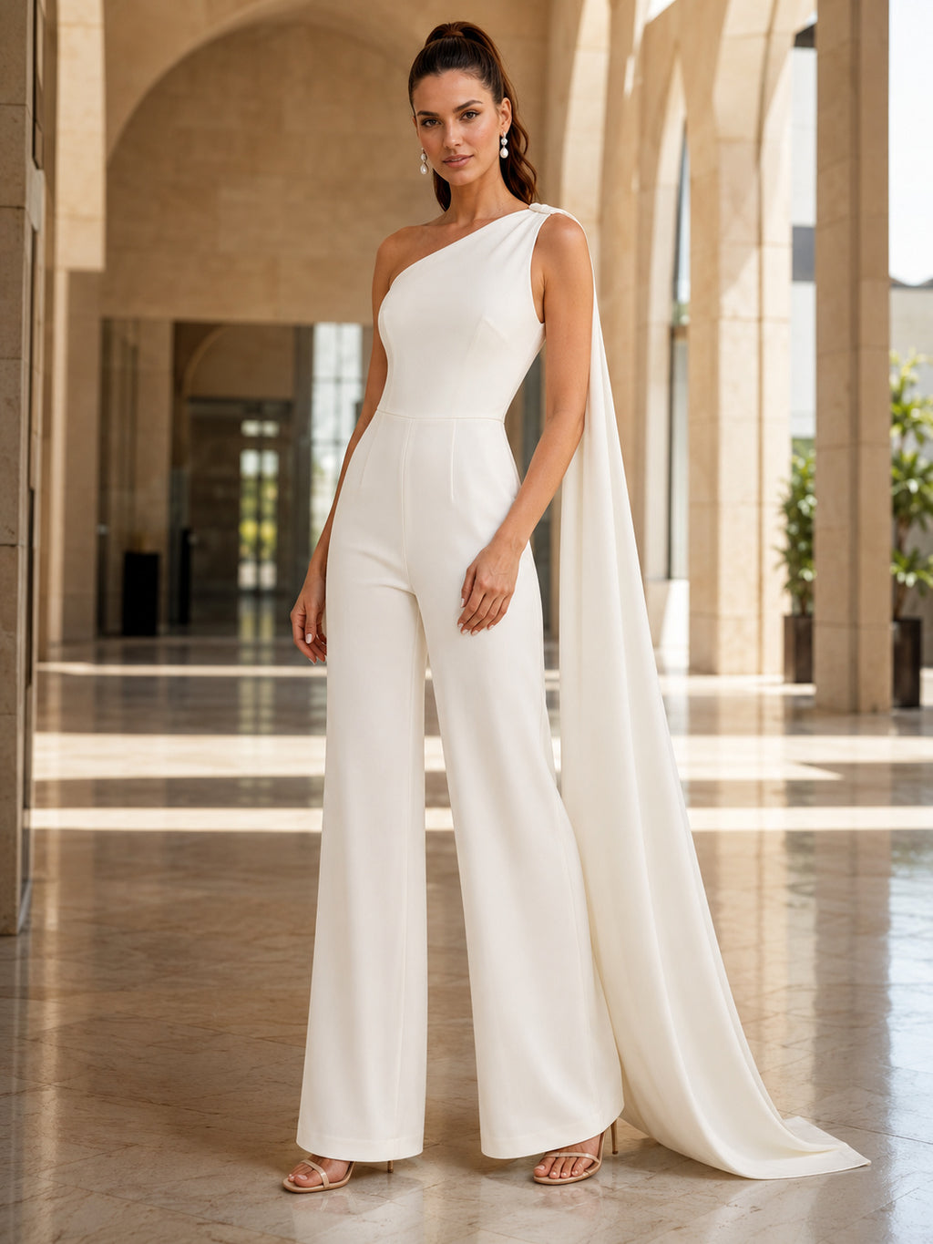 One Shoulder Cape Watteau Train Satin Wide Leg Mairie Wedding Jumpsuit front view