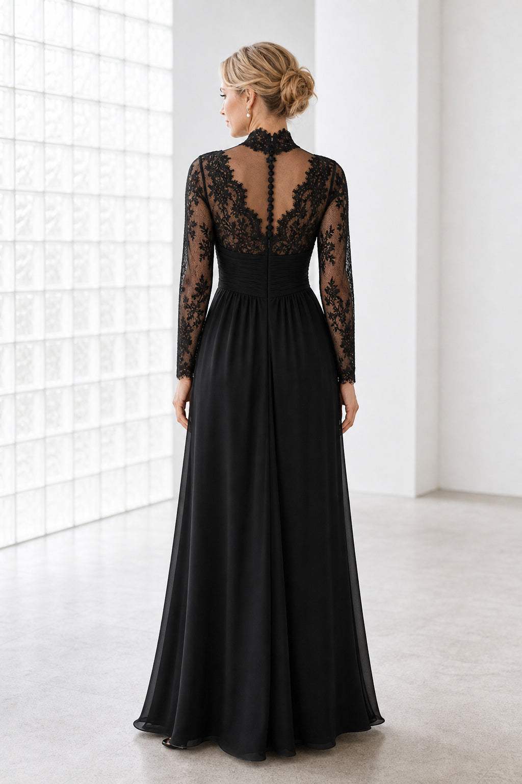 Black High-Neck Long Sleeve A-Line Chiffon Floor-Length Dress With Lace Bodice