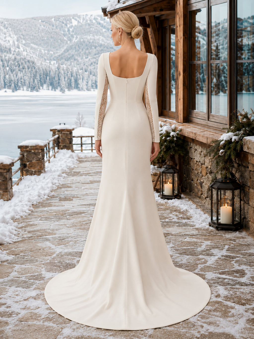 Champagne Winter Square Neck Crepe Sheath Lodge Bridal Gown back view
