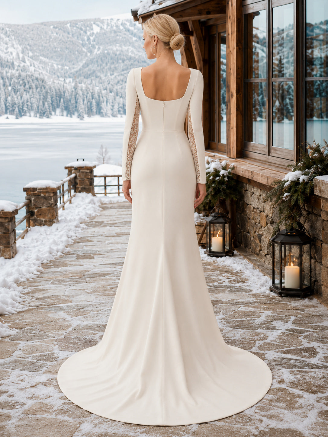 Champagne Winter Square Neck Crepe Sheath Lodge Bridal Gown back view