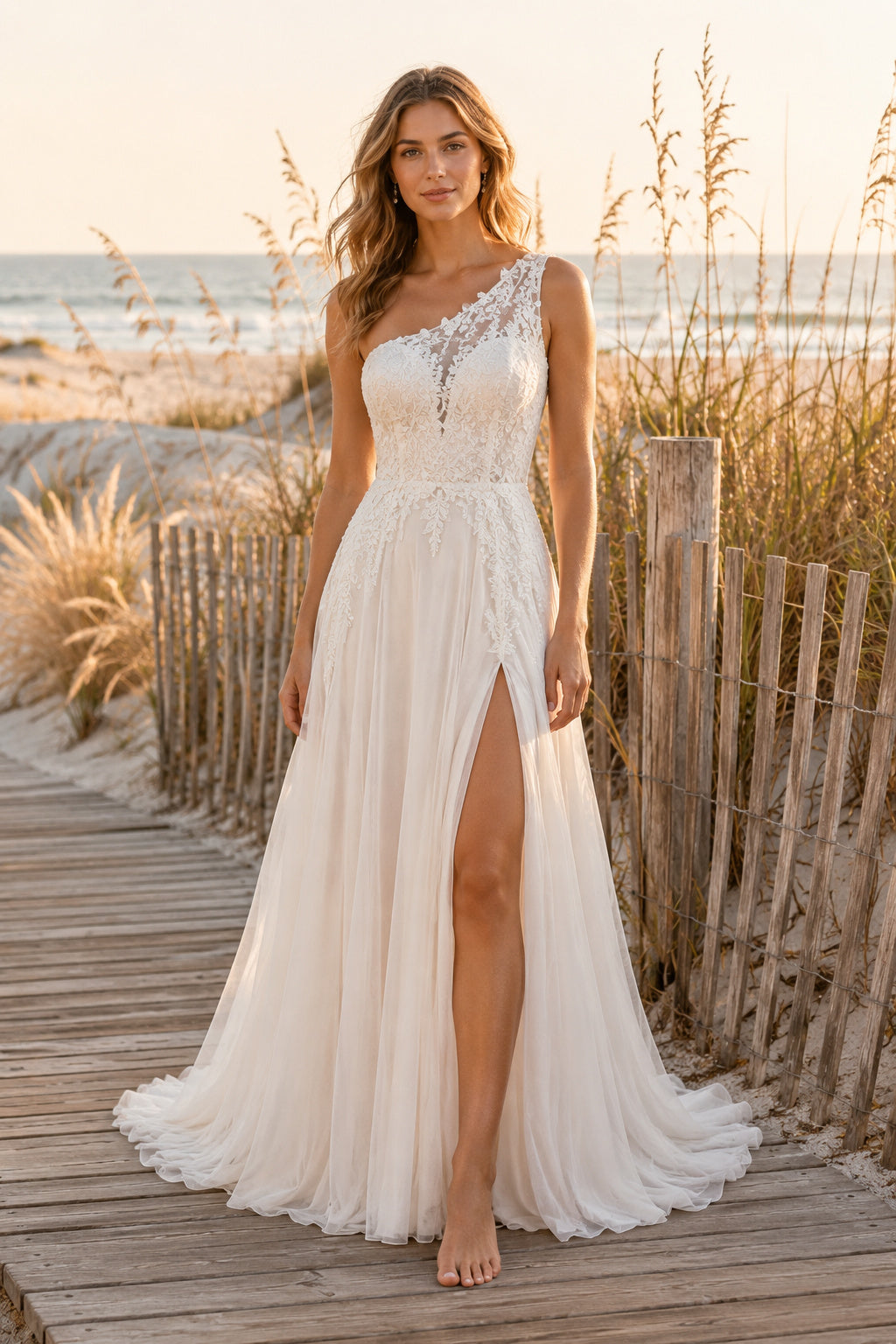 Ivory One Shoulder Lace Chiffon A-Line Wedding Dress Split Front for Bridal Ceremony and Reception front view