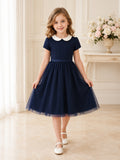 Navy Tulle A-Line Flower Girl Dress Cap Sleeve Jewel Neck Tea Length Bow Detail front view