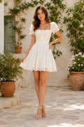 White Square Neck Puff Sleeve Mini Wedding Dress with Lace Trim and Tiered A-Line Skirt front view