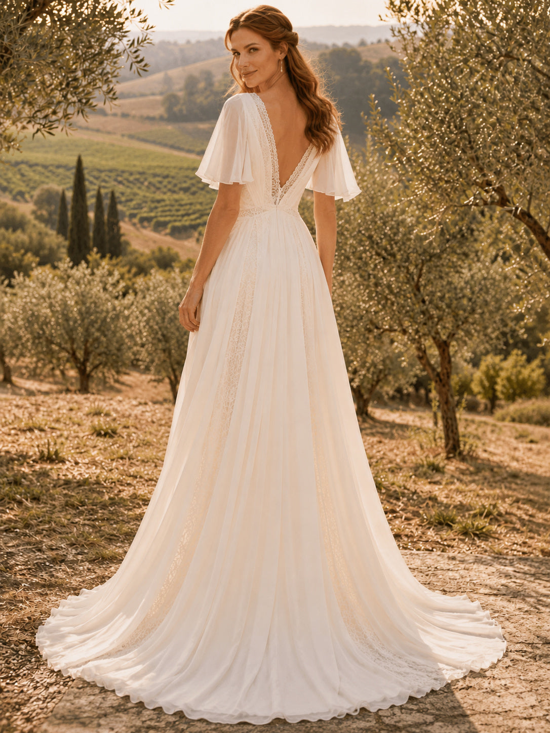 Romantic Deep V Flutter Sleeve Chiffon A-Line Beach Destination Wedding Dress back view