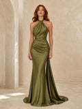 Olive Green Halter High Neck Satin Sheath Chapel Train Wedding Dress front view