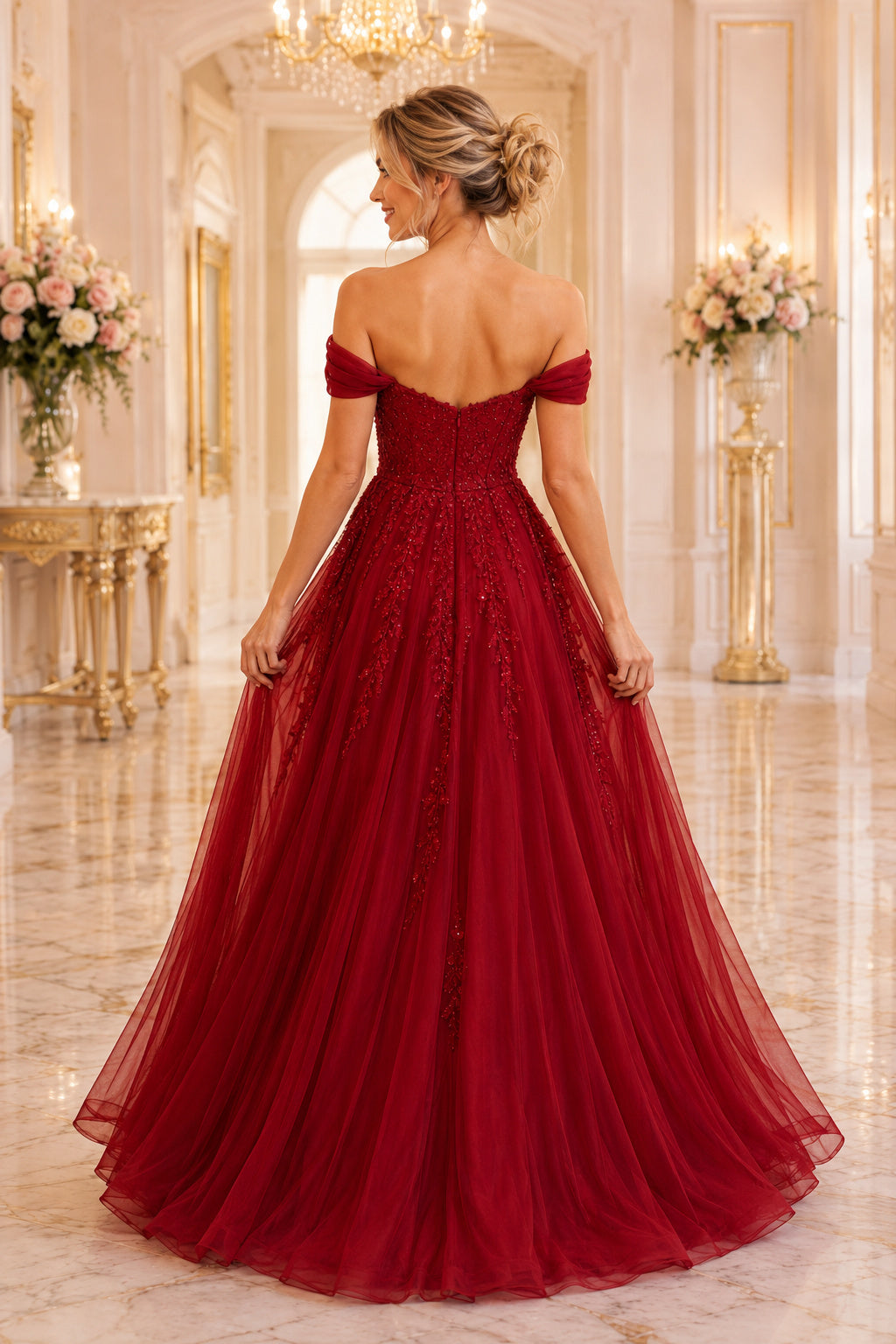 Burgundy Off the Shoulder Burgundy Lace A Line Gown with Tulle Skirt Floor Length A Line Prom Dress back view