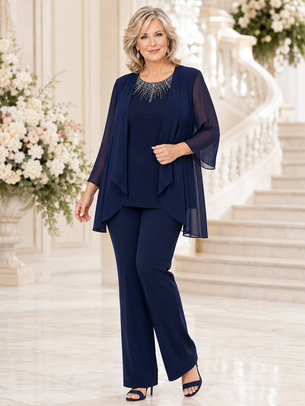 Dark Navy Plus-Size Elegant Jewel-Neck Three-Quarter Chiffon Cape Wide-Leg Mother of the Groom Formal Pantsuit Outfit front v