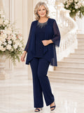 Dark Navy Plus-Size Elegant Jewel-Neck Three-Quarter Chiffon Cape Wide-Leg Mother of the Groom Formal Pantsuit Outfit front v