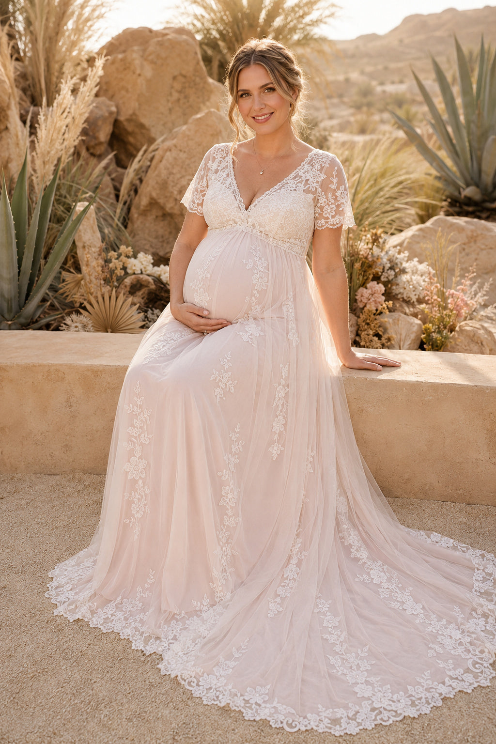 Blushing Pink Cap Sleeve Lace Maternity Wedding Dress with Full Train front view