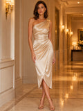 Champagne One Shoulder Draped Wrap Satin Cocktail Midi Dress front view