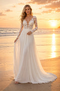 Ivory Long Sleeve V-Neck Lace Chiffon A-Line Wedding Dress Chapel Train for Bridal Ceremony and Reception front view