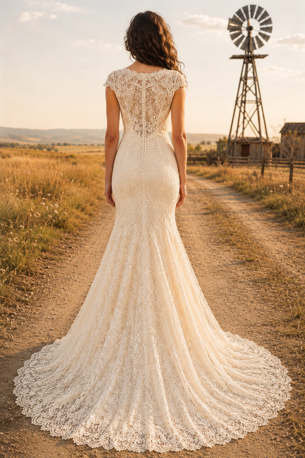Illusion Cap Sleeve Mermaid Wedding Dress with Lace Bodice and Sweep Train for Rustic Garden Ceremony back view