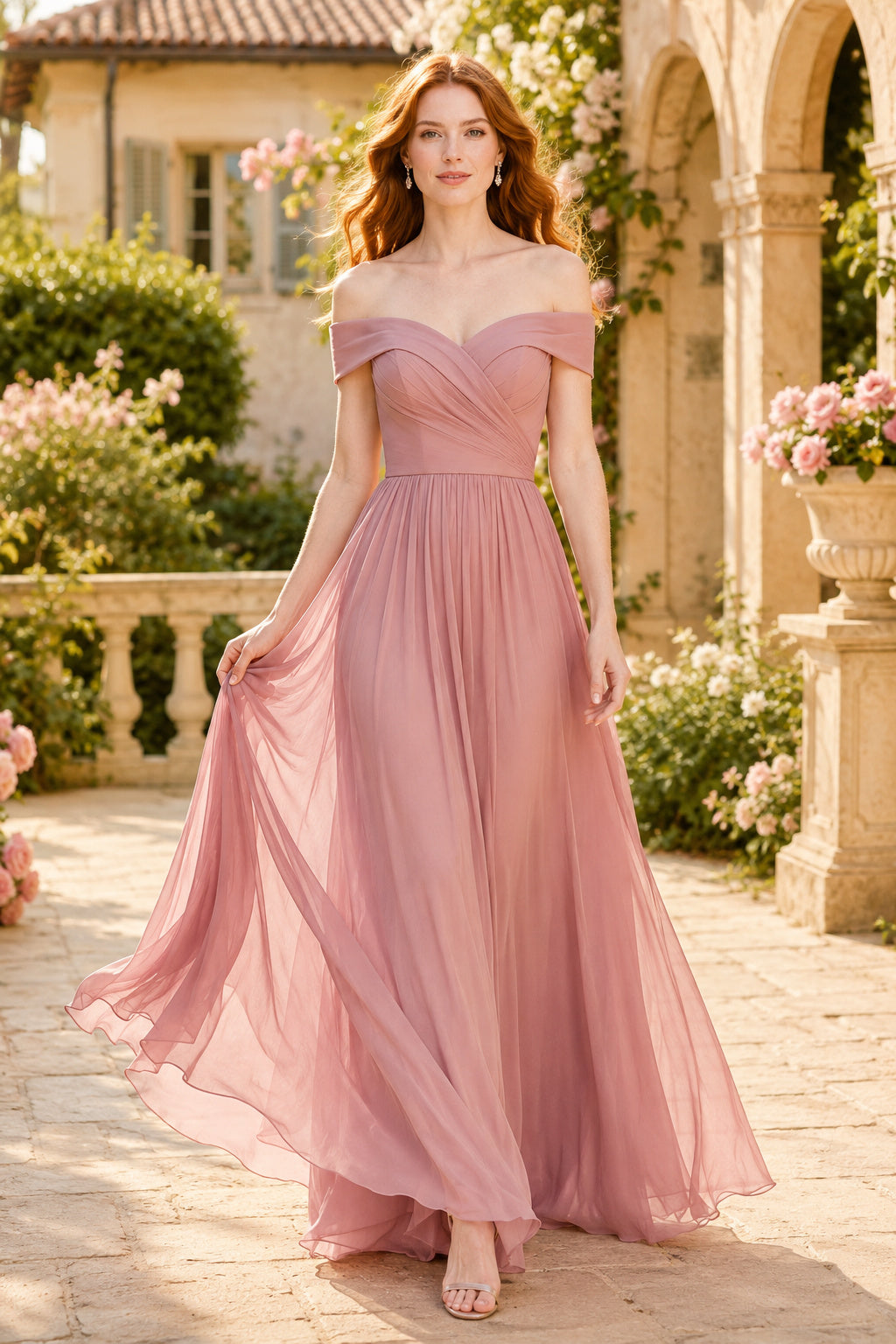 Dusty Rose Off-the-Shoulder Chiffon A-Line Bridesmaid Dress with Pleated Bodice and Flowing Skirt front view