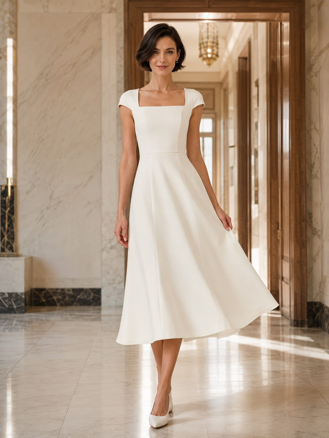 Simple Courthouse Square Neck Cap Sleeve A-Line Wedding Dress front view