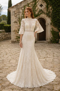 High Neck Half Sleeve Mermaid Wedding Dress with Allover Lace and Sweep Train for Beach Garden Ceremony front view