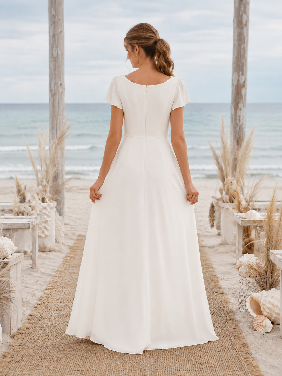 Affordable Bateau Short Sleeve Beach A-Line Wedding Dress back view