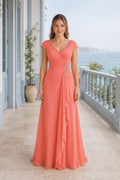 Coral V-neck Cap Sleeve A-Line Chiffon Floor-Length Dress With Draped Skirt