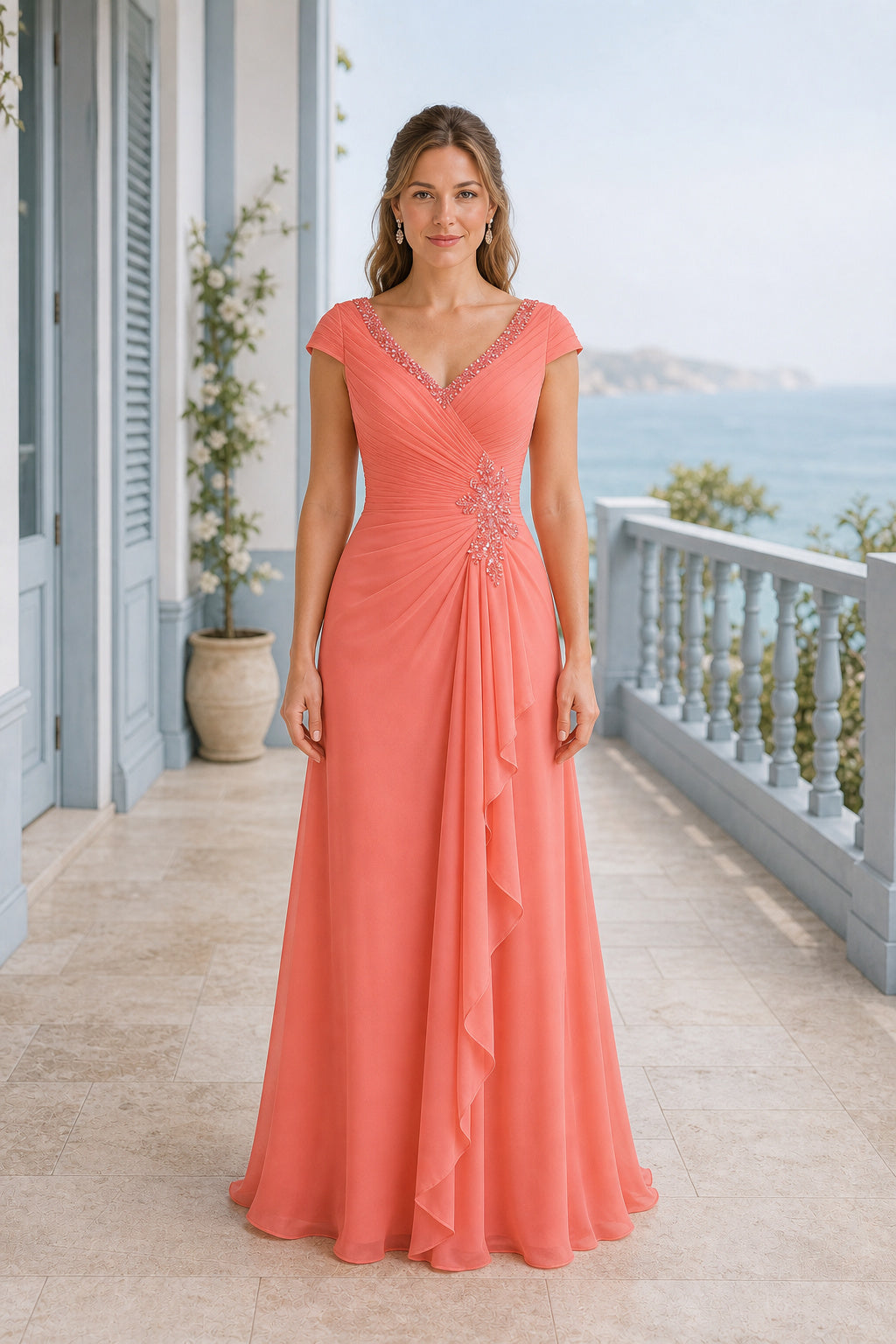 Coral V-neck Cap Sleeve A-Line Chiffon Floor-Length Dress With Draped Skirt