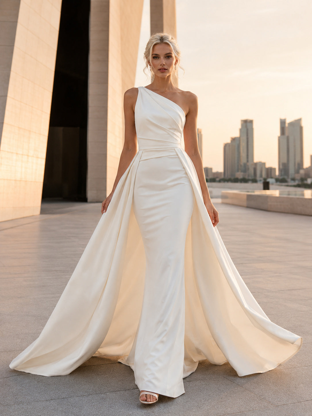 Satin Wedding Dress Two Piece One Shoulder Sleeveless Court Train Open Back Bridal Gown front view