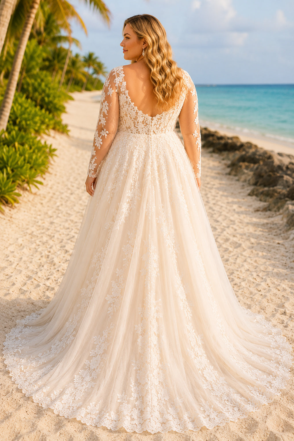 Plus Size Ivory V-Neck Long Illusion Sleeve Lace Tulle A-Line Wedding Dress with Long Lace Sleeves and Beach Chapel Train bac