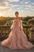 Blush Off-the-Shoulder Tiered Tulle Ball Gown