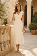Cap Sleeve Knee-Length Sheath Wedding Dress with Wrap Bodice front view