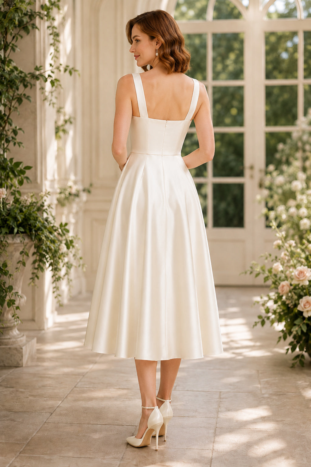 Square Neck Satin Tea-Length A-Line Cocktail Dress with Wide Straps back view