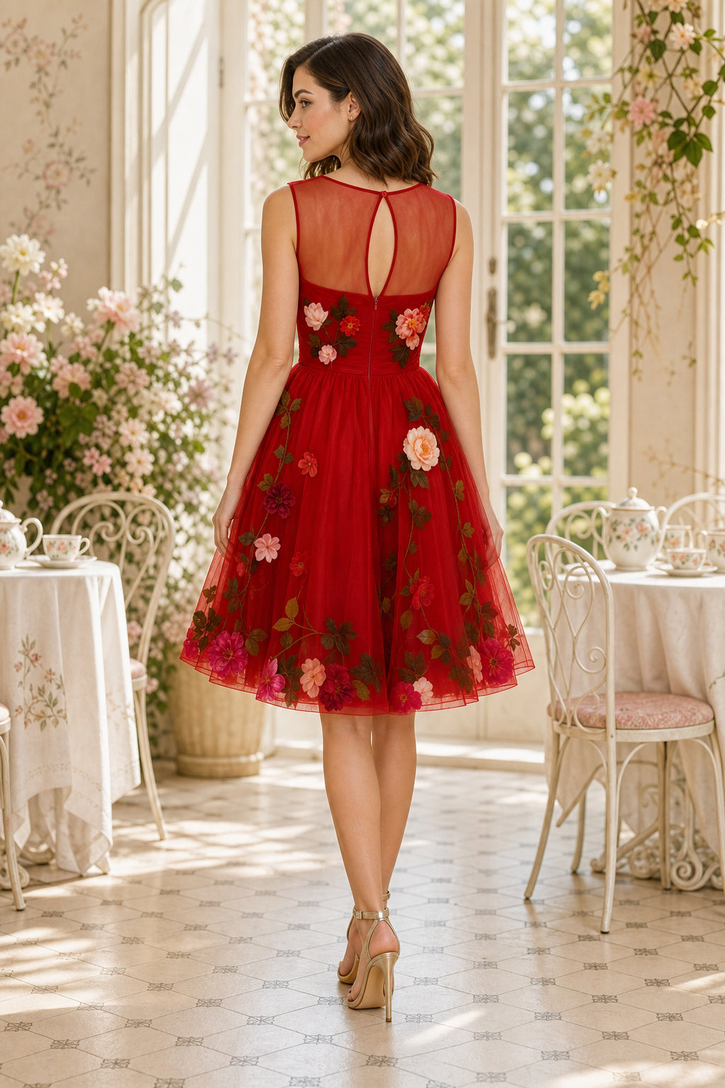 Red Bateau Sleeveless A-Line Tulle Knee-Length Dress With Floral Appliques