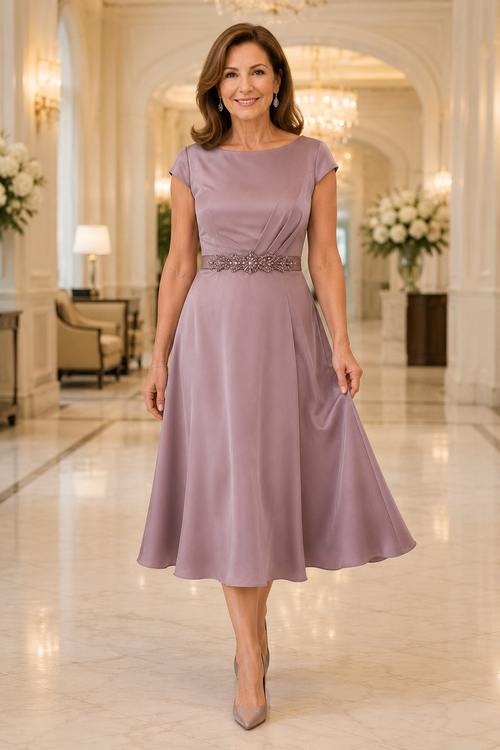 Vintage Mauve Tea-Length A-Line Mother Dress with Cap Sleeves and Beaded Waist front view