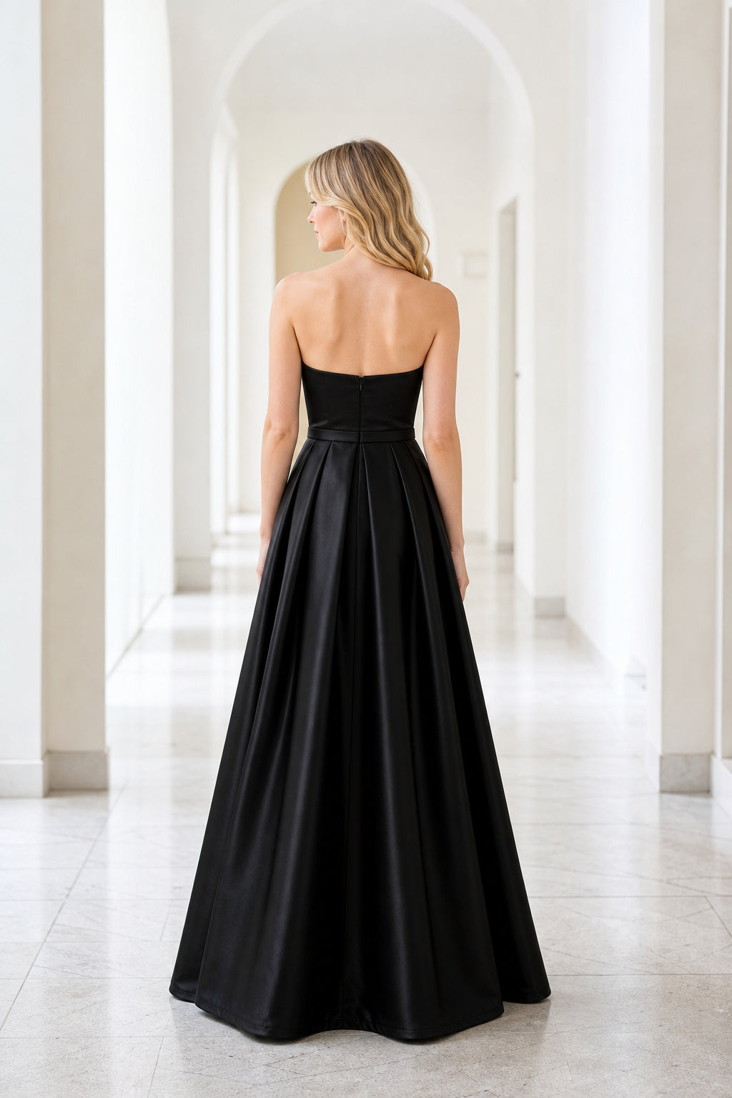 Black Strapless A-Line Satin Floor-Length Dress With Clean Bodice