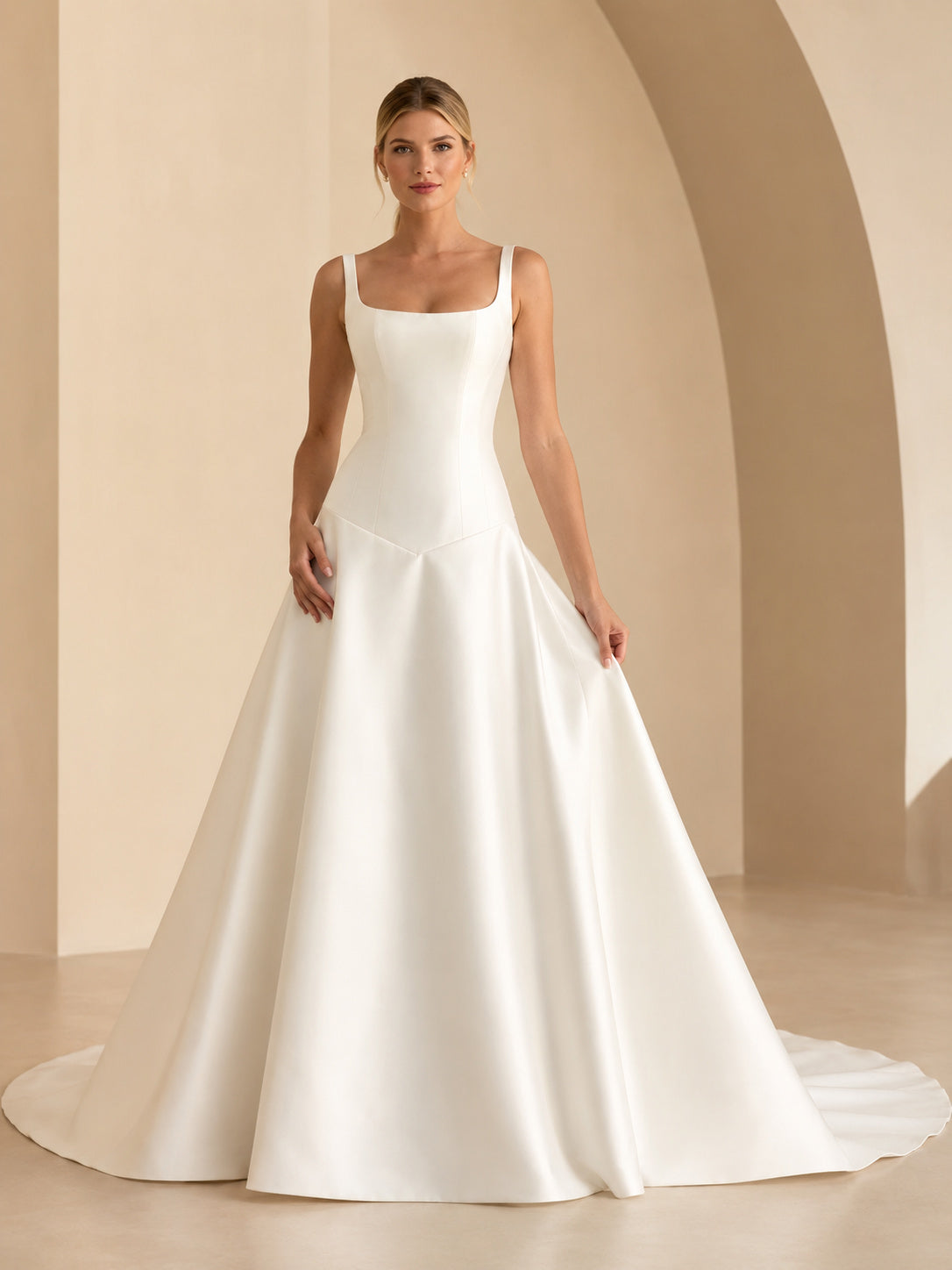 Scoop Neck Satin Drop Waist Chapel A Line Gown front view