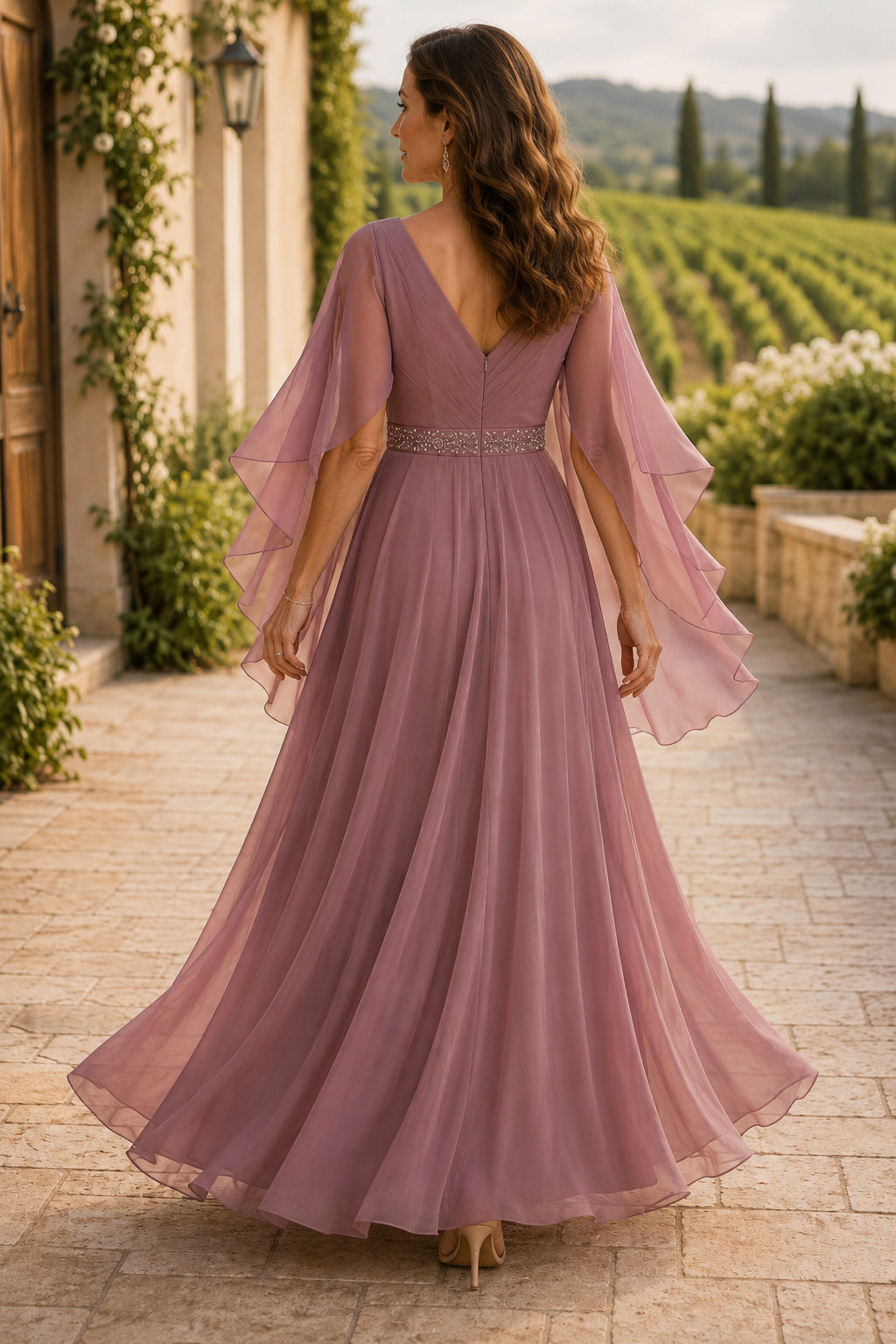 Mauve V-Neck Chiffon A-Line Mother Dress with Cape Sleeves and Beaded Waist back view