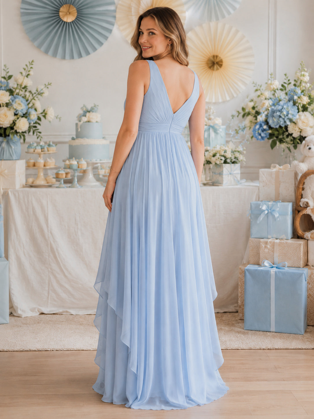 Pale Blue Sleeveless V Neck Maternity Chiffon Gown back view