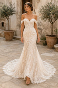 Ivory Off Shoulder Lace Mermaid Wedding Dress Chapel Train for Wedding Ceremony and Reception Style MG_701497 front view