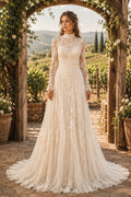 Ivory High Neck Long Sleeve Lace A-Line Wedding Dress Chapel Train for Wedding Ceremony and Reception Style MG_701489 front v