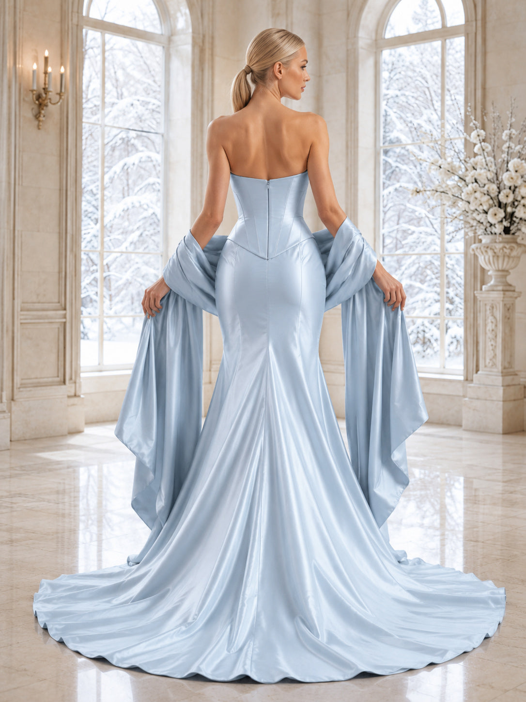 Frost Blue Satin Strapless Corset Mermaid Wedding Gown With Stole back view
