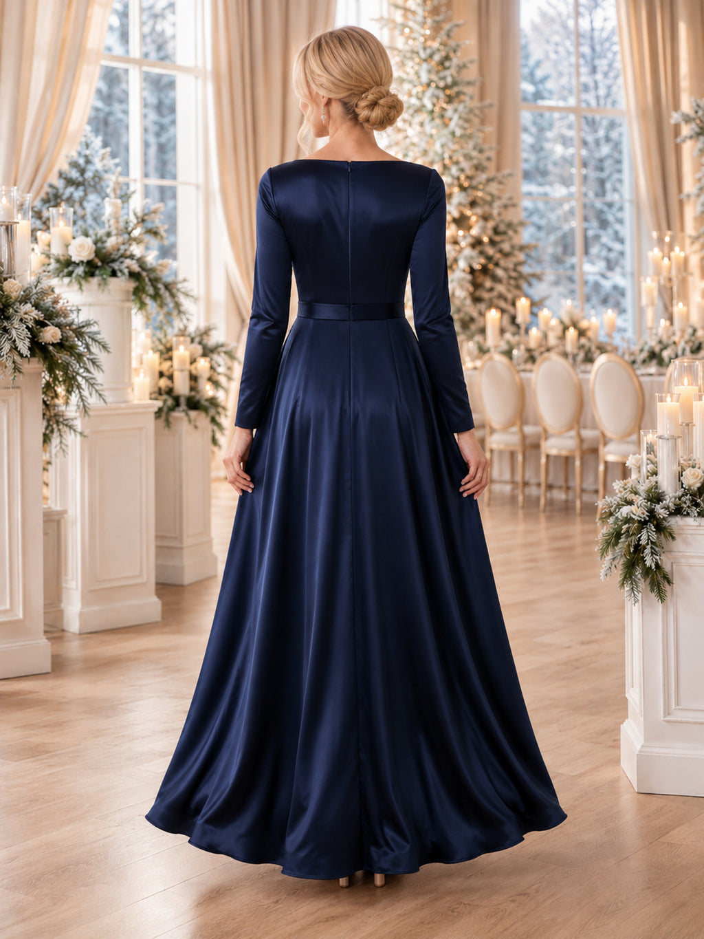 Navy satin long sleeve bateau floor length A-line dress back view