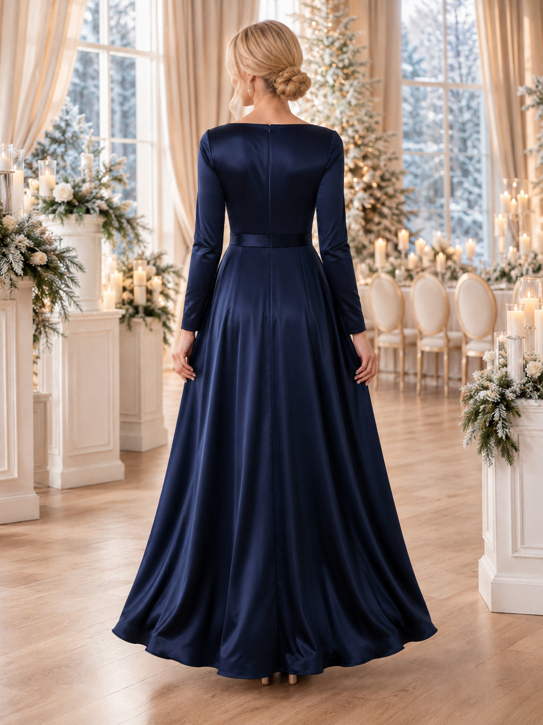 Navy satin long sleeve bateau floor length A-line dress back view