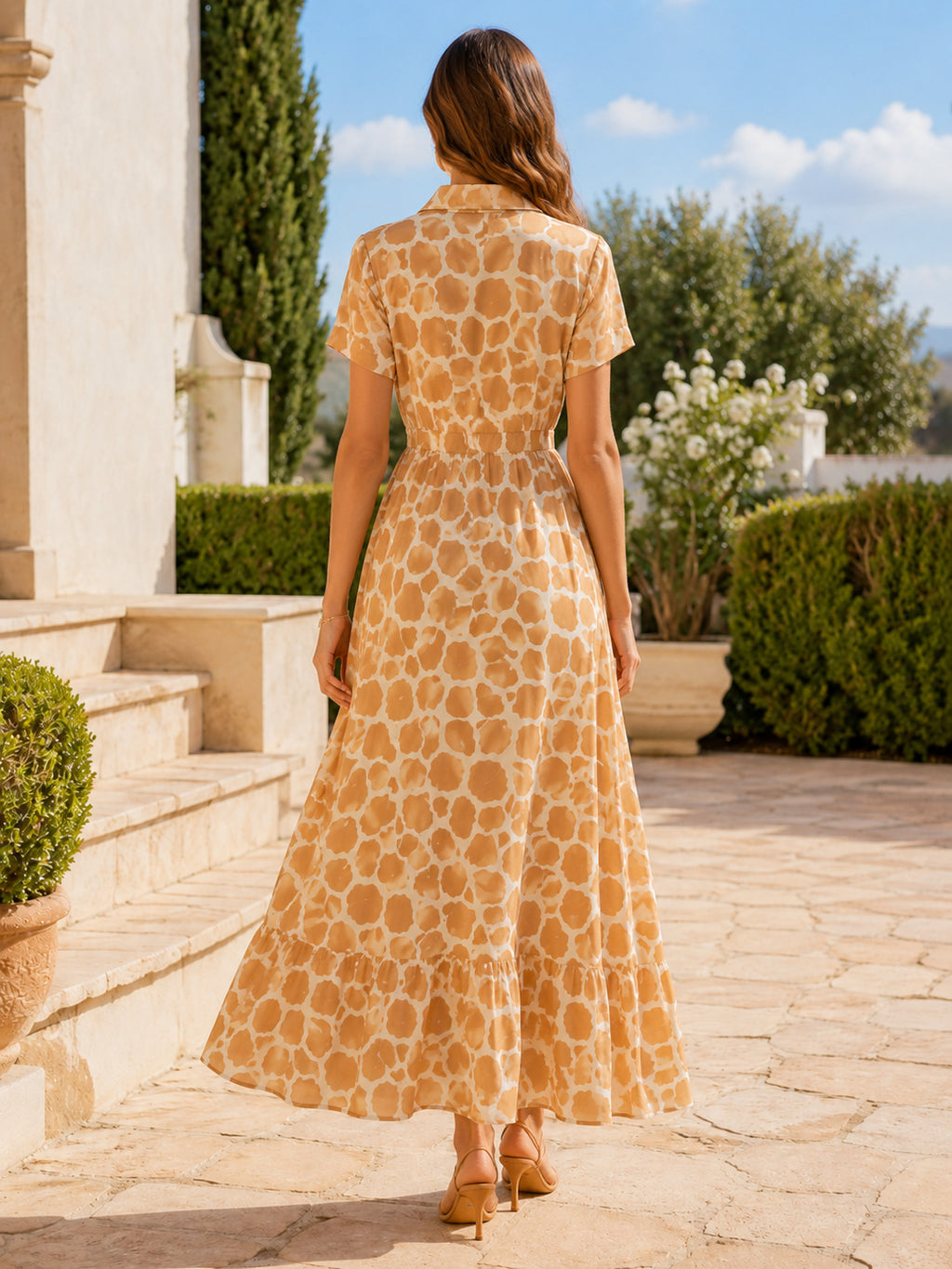 Giraffe Print Short Sleeve Shirt Collar A-Line Maxi Dress back view
